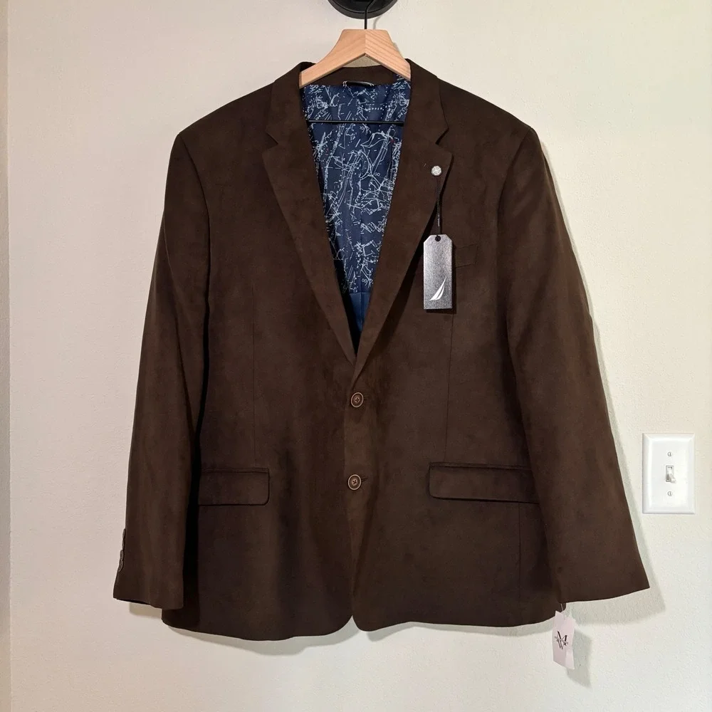 Nautica Blazer Branford 52R Faux Suede Brown Nautical Map Dark Academia Mens